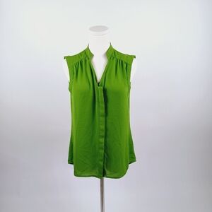Worthington Green Pleated Sleeveless Blouse Stand-Up Collar V-Neckline M